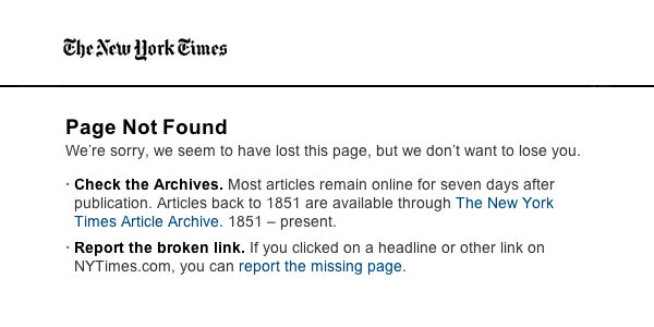 Báo cáo liên kết bị hỏng tại trang 404 của NYT
