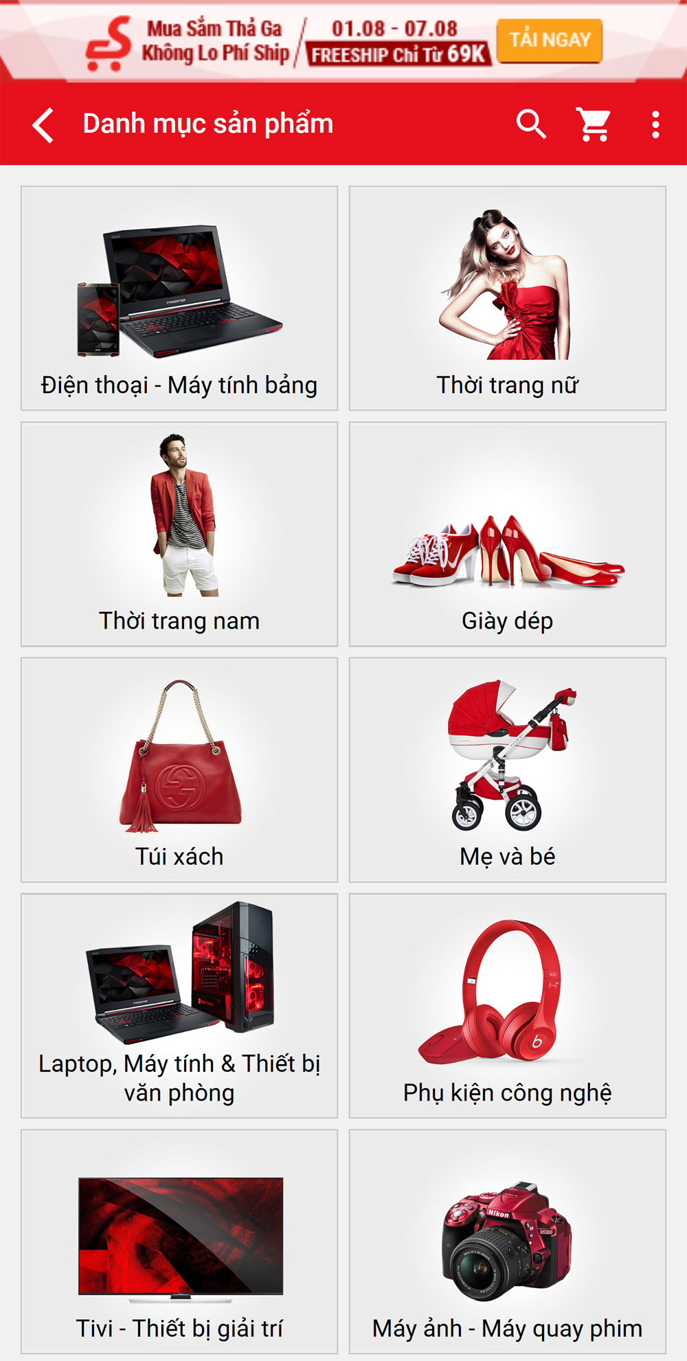 Danh mục sản phẩm mobile của website thương mại điện tử Sendo.vn