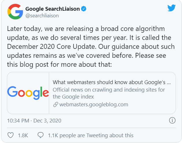 Thông báo chính thức Google về thuật toán tháng 12/2020