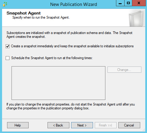 Ở bước Snapshot Agent, ta nhấp chọn Create a snapshot immediately and keep the snapshot available to initialize supscriptions