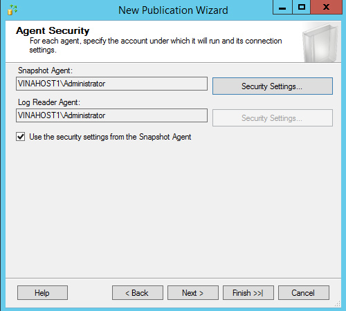 ô Use the security settings from the Snapshot Agent được chọn ở mặc định