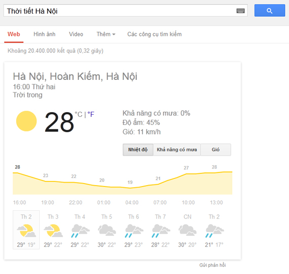 tính năng thời tiết của google